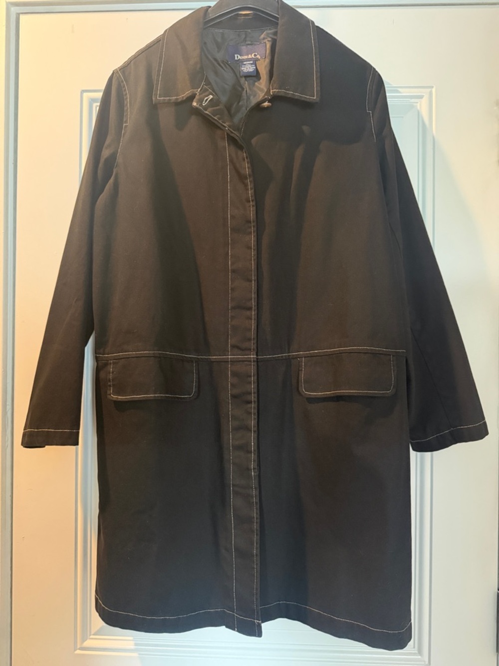 Denim&Co Black Trench Coat with Contrast Stitching